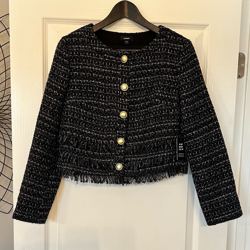 NWT - Express Black & Blue Tweed Cropped Jacket with Gold Buttons